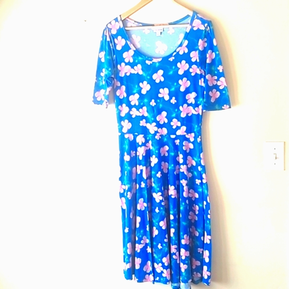 LuLaRoe Turquoise  Cherry Blossom Nicole Qrtr Sleeve Print floral Dress SZ L